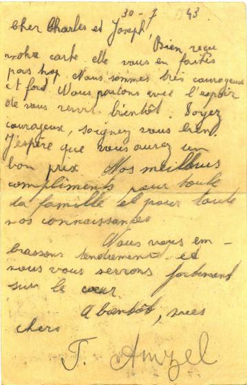 Lettre envoyée par Tauba Amzel à ses fils le 30 juillet 1943 du camp de Malines en Belgique